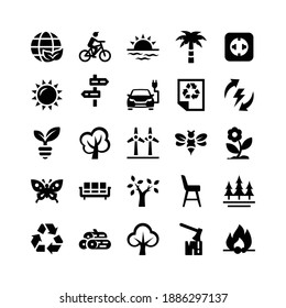 Ecology Glyph Icons Including Earth, Bike, Sunset, Palm, Socket, Sun, Signs, Car, Paper, Power, Plant, Tree, Windmill, Bee, Flower, Butterfly, Chairs, Forest, Recycle, Wood, Wood and Axe, Fire