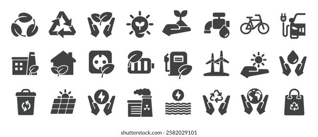 Ecology glyph solid icons collection. Containing content environment, nature, renewable energy. Minimal icon and symbol series vector illustration