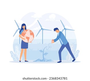 Ecology - Go green, People surrounded by natural ecological and Renewable energy symbols. flat vector modern illustration