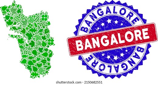 Ecology Goa State map collage of floral leaves in green color tints with grunge bicolor Bangalore seal stamp. Red and blue bicolored imprint with scratched texture and Bangalore caption.