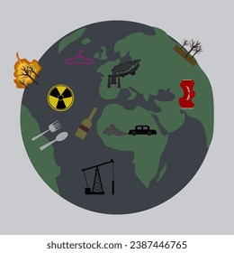  Ecology gobal catastrophe problem. Deforestation, forest fire, oi derrick in dirty ocean. Nature preservation measures. Hand drawn vector illustration