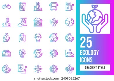 Ecology Gradient Icon Set. Containing efficiency, conservation, environmental, factory, eco, electricity, earth, control, power, electric, charge, ecology, bus, bicycle, bag, energy, bulb, light.