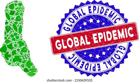 Ecology Grande Comore Island map collage of herbal leaves in green color tinges and grunge bicolor Global Epidemic seal.