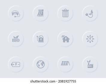 ecology gray vector icons on round rubber buttons. ecology icon set for web, mobile apps, ui design and promo business polygraphy