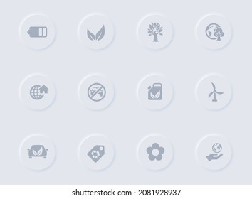 ecology gray vector icons on round rubber buttons. ecology icon set for web, mobile apps, ui design and promo business polygraphy