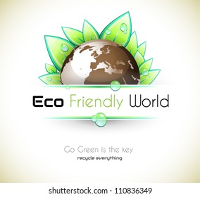 Ecology green background for eco friendly covers or brochures, with colorful leaves and water drops
