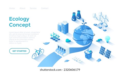 Ecology, Green city, Eco planet. Bio technology ideas. Solar panels, wind turbines, hydroelectric station, recycling, save energy. Landing page template for web on white background.	
