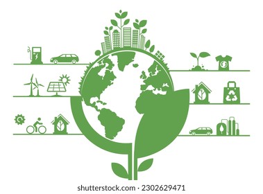 Ecology green composition. Plant with planet on top. Alternative energy sources, reduction of emissions of harmful substances in atmosphere. Care of Earth and nature. Flat vector illustration