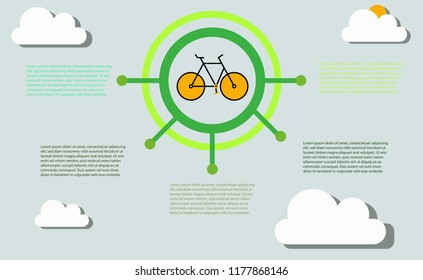 Ecology green, earth day and world environment day concept: infographic about  biking for save the world. There are many clouds and bicycle at the middle with green round element. 