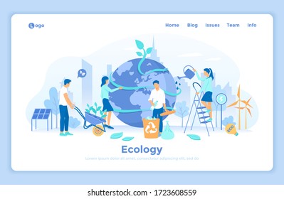 Ecology, Green Eco City planet, Eco-friendly ideas. Bio technology. People take care about planet ecology - watering, gathering garbage, planting. landing web page template decorated with people.