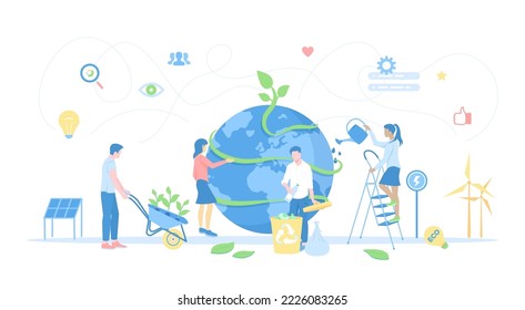 Ecology, Green Eco City planet, Eco-friendly ideas. Bio technology. People take care about planet ecology - watering, gathering garbage, planting. Vector illustration flat style.	
