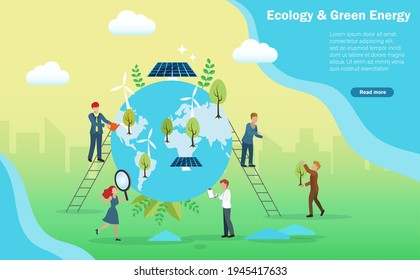 Ecology and green energy concept. Business people showering, planting trees, healing the world with solar panel and windturbine. Clean, renewable and reuse natural resources,carbon emissions reduction