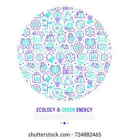 Ecology and green energy concept in circle with thin bicolor line icons for environmental, recycling, renewable energy, nature. Vector illustration for banner, web page, print media.