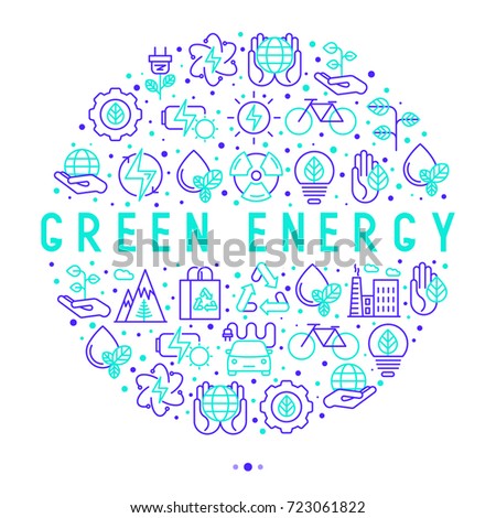 Ecology and green energy concept in circle with thin bicolor line icons for environmental, recycling, renewable energy, nature. Vector illustration for banner, web page, print media.