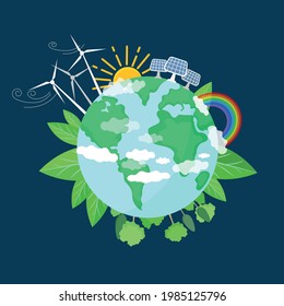 Ecology and Green Energy Concept. Clean Energy. Save The Planet. Wind Turbine Towers.  Wind Energy Converters. World Earth Illustration. Solar Energy Panels. World Environment Day Vector Illustration.