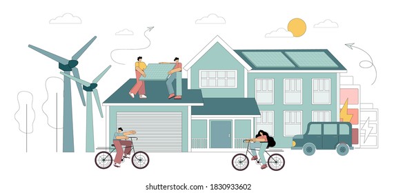 Ecology and green energy concept. Save the planet, reduce global warming. Vector flat illustration with flat men, solar panels, alternative fuel. Green lifestyle.