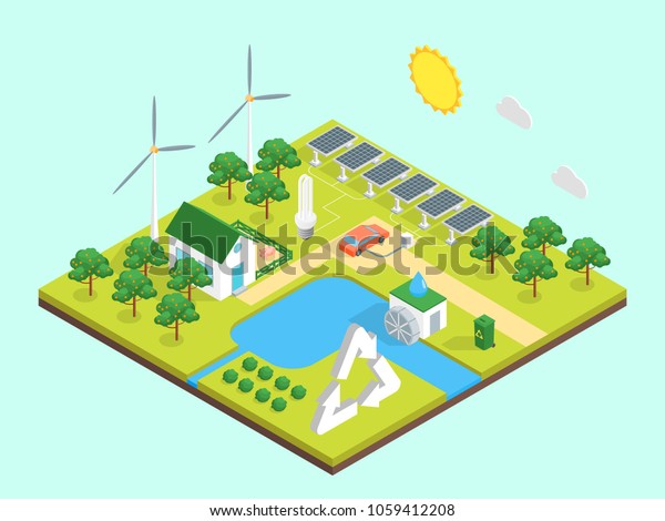 Ecology\
Green Energy Consumption Concept 3d Isometric View Include of Solar\
Battery and Wind Station. Vector\
illustration