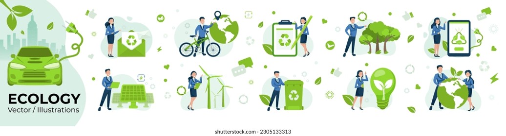 Ecology, green energy, electric transportation and sustainable consumption concept, vector set