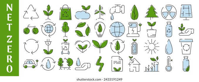 Ecology and green energy, ESG icon set. Editable stroke. Eco friendly vector isolated colorful sign. Concept of net zero emissions by 2050. Ecology environment improvement, recycle, renewable energy