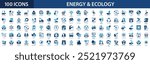 Ecology and green energy icon set. Nature, renewable energy, environment, recycle, solar panel, green electricity, forest, wind power.