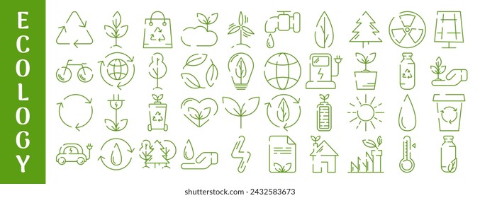 Ecology and green energy icon set. Editable stroke. Eco friendly vector isolated sign. Concept of net zero emissions by 2050. Ecology environment improvement, sustainability, recycle, renewable energy