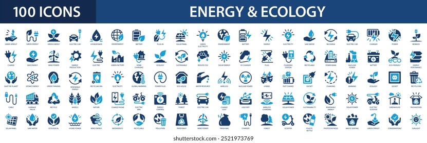 Ecologia e conjunto de ícones de energia verde. Natureza, energia renovável, meio ambiente, reciclagem, painel solar, eletricidade verde, floresta, energia eólica.