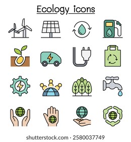 Ecology, Green Energy icon set in color line style