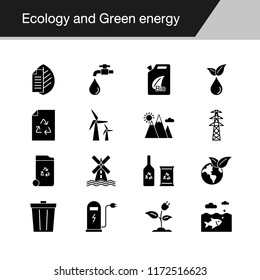 Ecology and Green energy icons. Design for presentation, graphic design, mobile application, web design, infographics. Vector illustration.