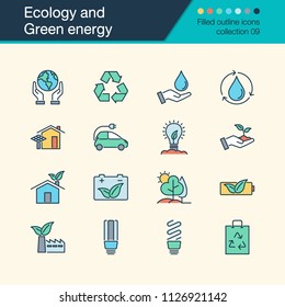 Ecology and Green energy icons. Filled outline design collection 9. For presentation, graphic design, mobile application, web design, infographics. Vector illustration.