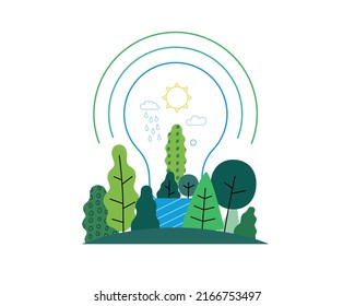 Ecology - Green energy -Modern flat vector concept illustration of electric light bulb filled with trees and plants. a metaphor of sustainable renewable energy. Creative landing web page illustartion