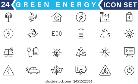 Ecology and Green Energy Power Line Outline Icon Set. Pixel Perfect Editable Stroke