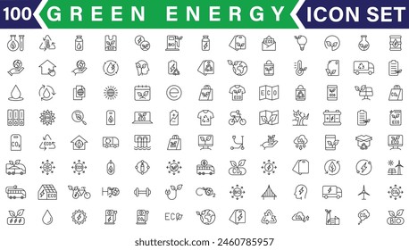 Conjunto de iconos de contorno de línea de energía ecológica y verde. Trazo editable perfecto de píxel