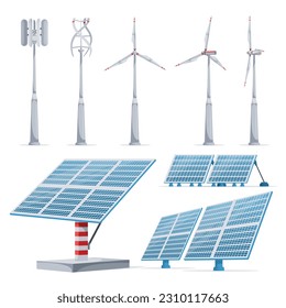 Ecology green energy realistic set with wind turbines and solar panels isolated vector illustration