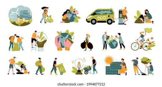 Ecology green energy set of flat icons with windmill electric car solar panel characters planting trees collecting garbage riding bike isolated vector illustration