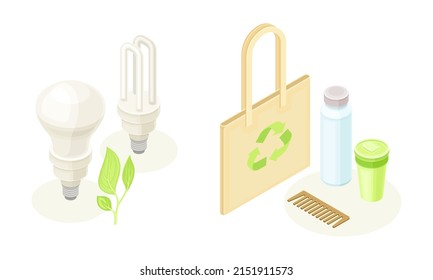 Ecología y conjunto de energía verde. Recursos renovables y residuos reciclables ilustraciones vectoriales isométricas