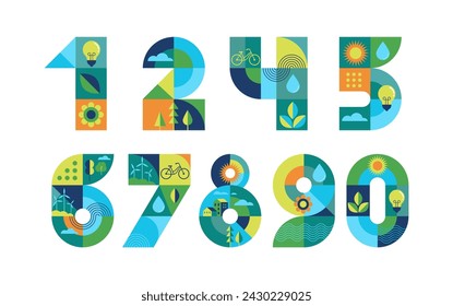 Ecology, green, environmental numbers with icons of sustainability. Geometric modern style. Concept set of numbers. Vector illustration