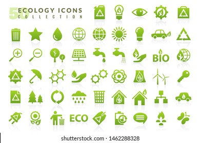 Ecology green flat icons on a white background. Ecological signs symbols collection. isolated objects with reflections. Save the world big set. Vector