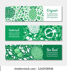 Ecology green fruit, vegetable banner set. Cabbage, garnet, plum, leaf, pineapple pattern. Organic, Natural, Bio food lettering text. Weight loss low calorie product background. EPS 10 vector backdrop