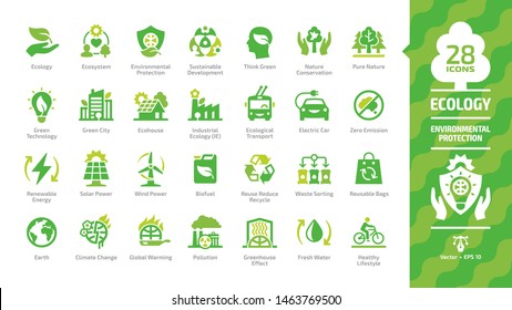 Ecology green icon set with ecological city, eco technology, renewable energy, environmental protection, sustainable development, nature conservation, climate change and global warming symbols.