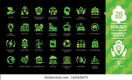 Ecology green icon set on a black background with ecological city, eco technology, renewable energy, environmental protection, sustainable development, nature conservation and climate change symbols.