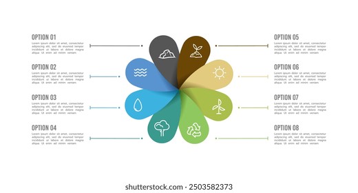 Ecology green infographic 8 element design template. Development, Green Energy, Environment, Eco system and Presentation. Vector illustration.