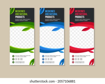Ecology and green life concept vertical banners isolated vector illustration. medicines and natural product roll up vertical banner with plants as border of photo. 