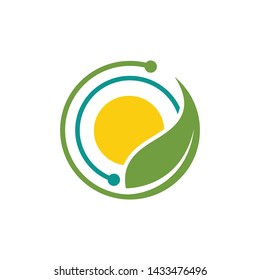 Ecology green logo. Shape of leaf with hand surrounding the sun vector