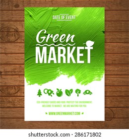 Ecology Green market invitation poster. Green stroke trees and shrubs on wood background.