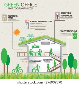 ecology green office working place infographic element and background. way to save energy. eco friendly concept. design for layout, banner, web design, brochure, template. vector illustration