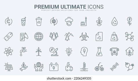 Ecology, green recycle technology and environment thin line icons set vector illustration. Outline eco house and tourism, electric car and bio fuel, climate change, eco consumption and care of nature