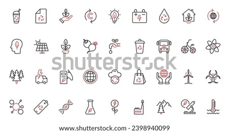 Ecology, green recycle technology, environment trendy red black thin line icons set vector illustration. Eco house, tourism, electric car and bio fuel, climate change, eco consumption, care of nature