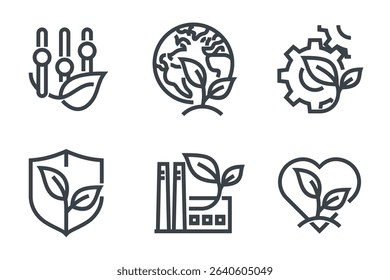 Ecology and green strategy icons set with multi-purpose symbols and metaphors - interaction of globe, gear, plant, shield, settings. Leaf with factory and heart. in bold line