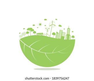 Ecology green world city, go green, solar and wind power sustainable energy ecosystem, concept vector illustration  