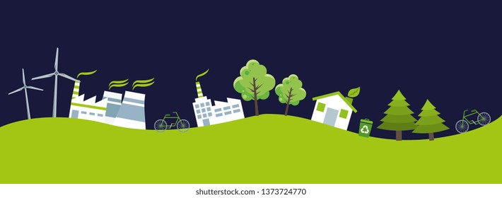 Ecology and green world clean energy factory banner vector digital image illustration